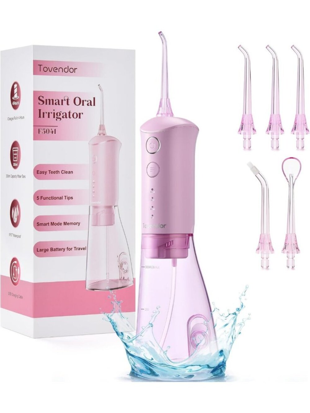 Rechargeable Water Dental Flosser, Portable Oral Irrigator with 5 Tips for